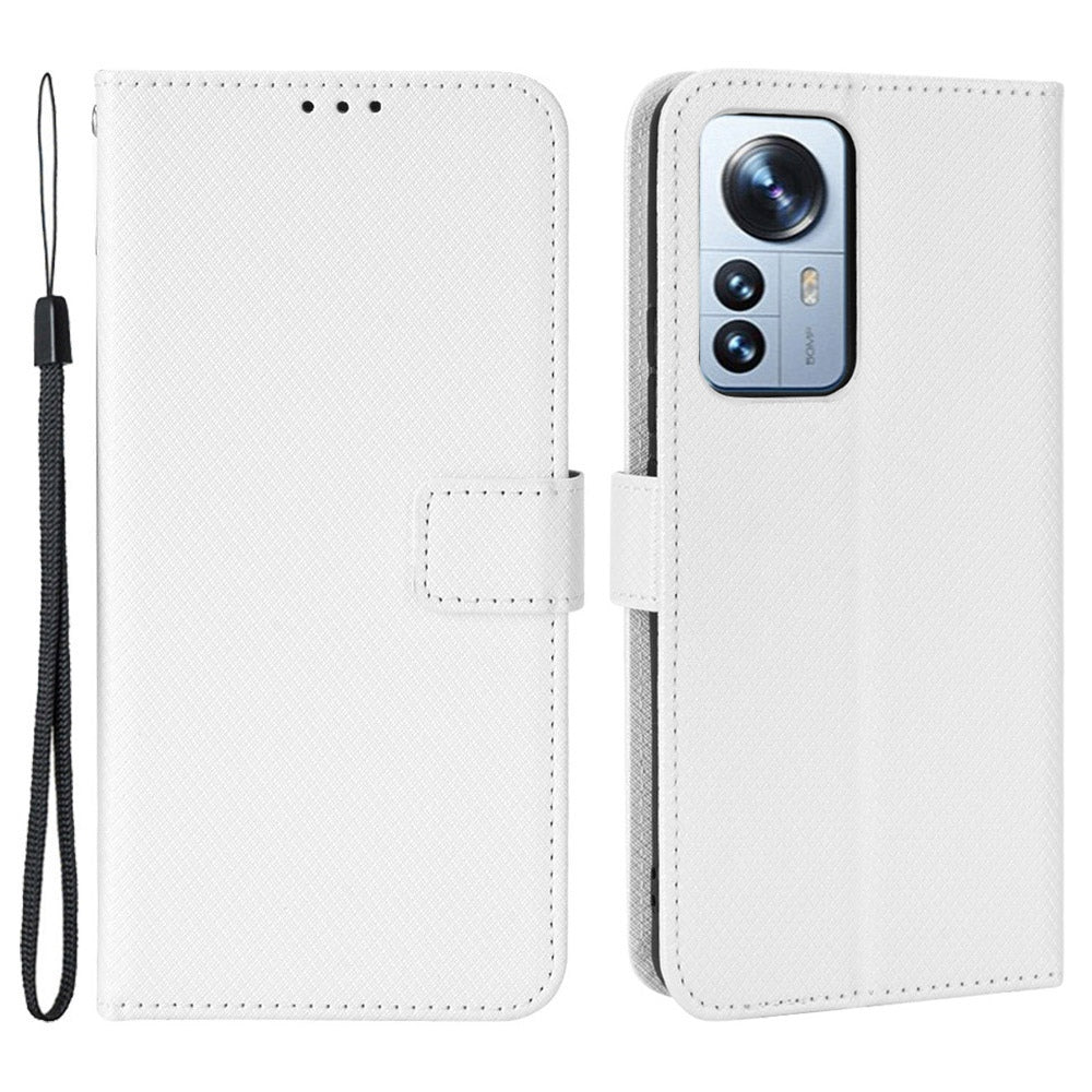 For Xiaomi 12/12X/12S 5G PU Leather Wallet Book Stand View Cover Diamond Texture Flip Phone Case with Wrist Strap