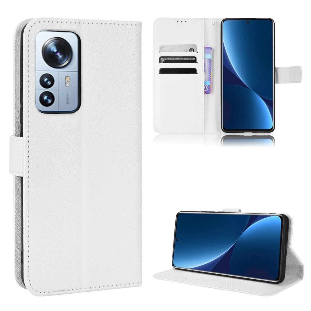 For Xiaomi 12/12X/12S 5G PU Leather Wallet Book Stand View Cover Diamond Texture Flip Phone Case with Wrist Strap