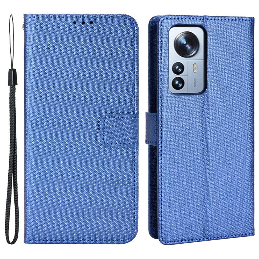 For Xiaomi 12/12X/12S 5G PU Leather Wallet Book Stand View Cover Diamond Texture Flip Phone Case with Wrist Strap