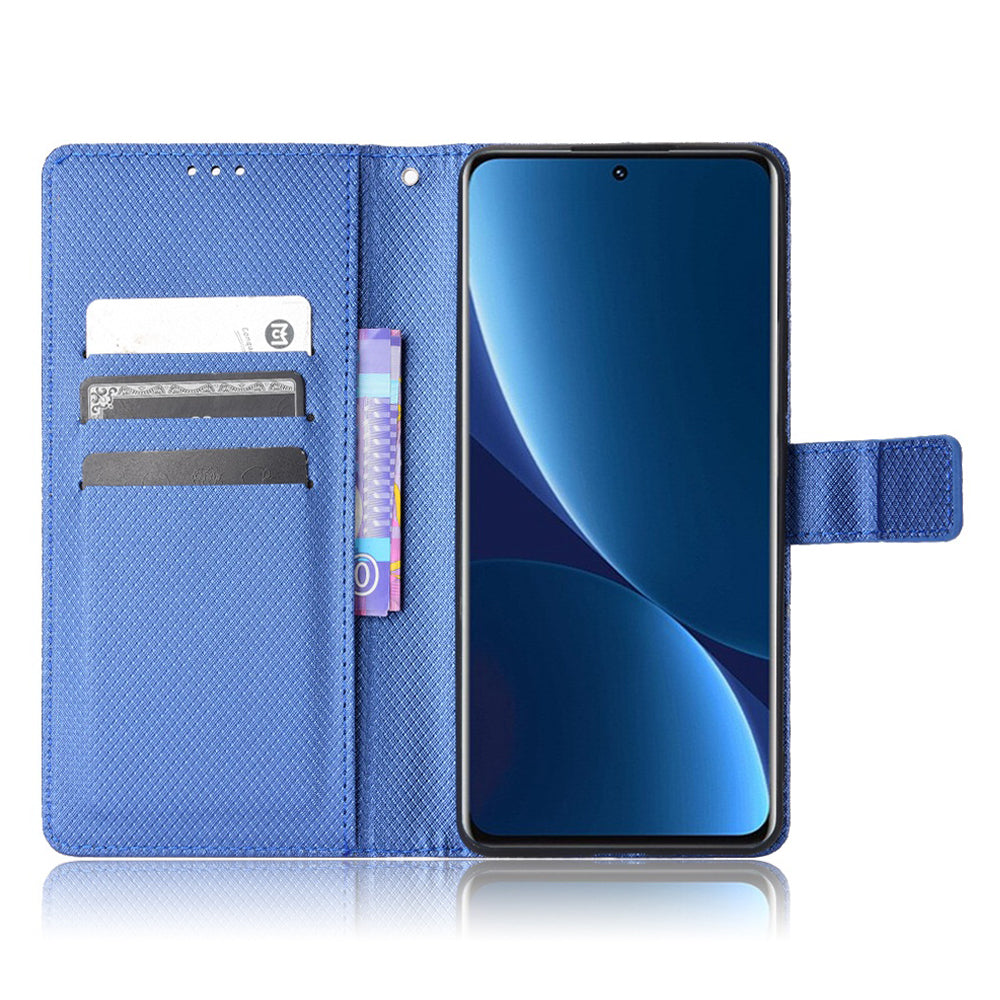 For Xiaomi 12/12X/12S 5G PU Leather Wallet Book Stand View Cover Diamond Texture Flip Phone Case with Wrist Strap