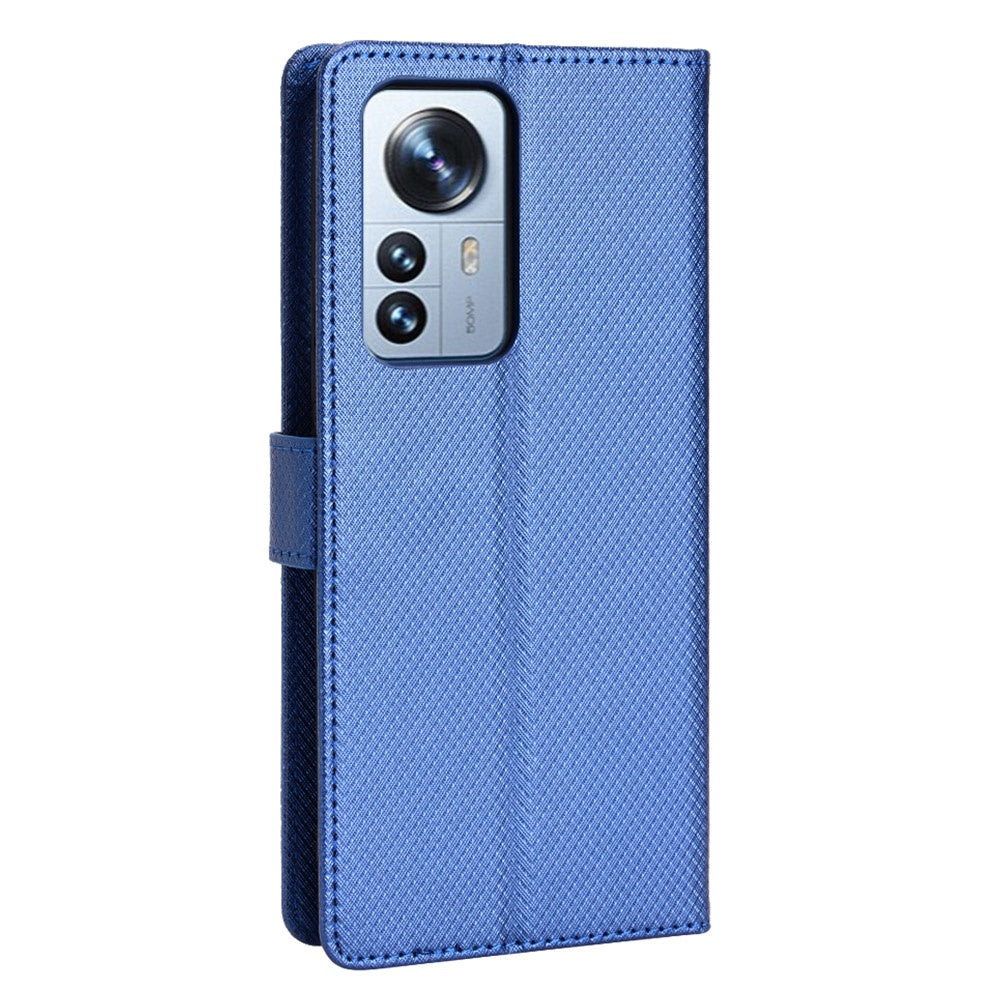 For Xiaomi 12/12X/12S 5G PU Leather Wallet Book Stand View Cover Diamond Texture Flip Phone Case with Wrist Strap