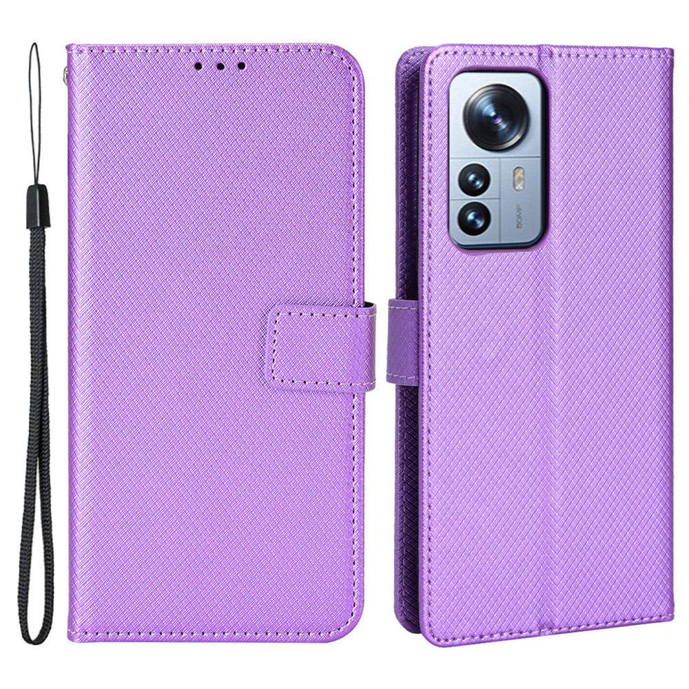 For Xiaomi 12/12X/12S 5G PU Leather Wallet Book Stand View Cover Diamond Texture Flip Phone Case with Wrist Strap