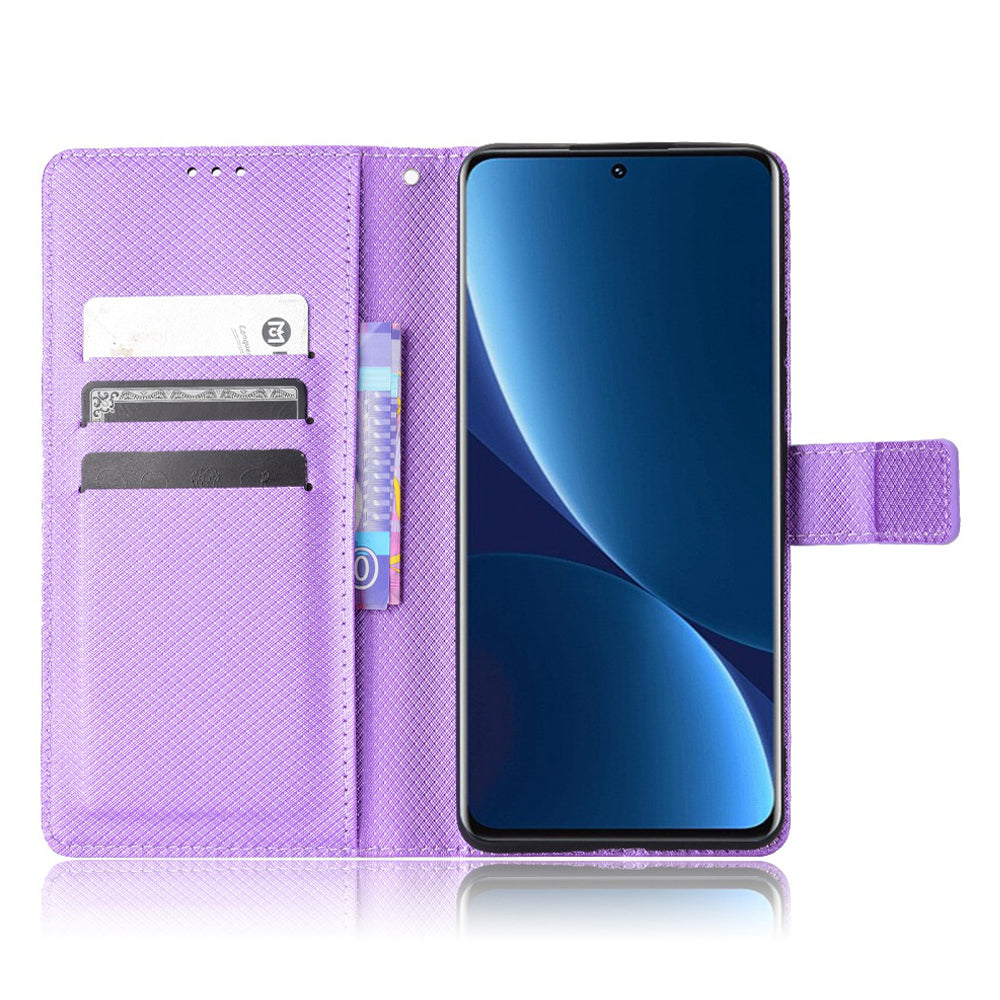 For Xiaomi 12/12X/12S 5G PU Leather Wallet Book Stand View Cover Diamond Texture Flip Phone Case with Wrist Strap
