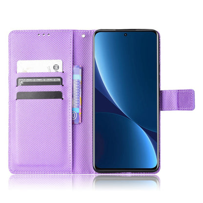 For Xiaomi 12/12X/12S 5G PU Leather Wallet Book Stand View Cover Diamond Texture Flip Phone Case with Wrist Strap