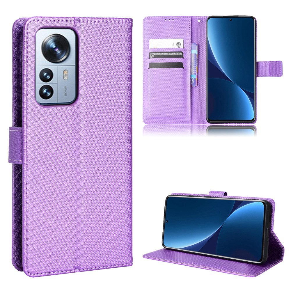 For Xiaomi 12/12X/12S 5G PU Leather Wallet Book Stand View Cover Diamond Texture Flip Phone Case with Wrist Strap