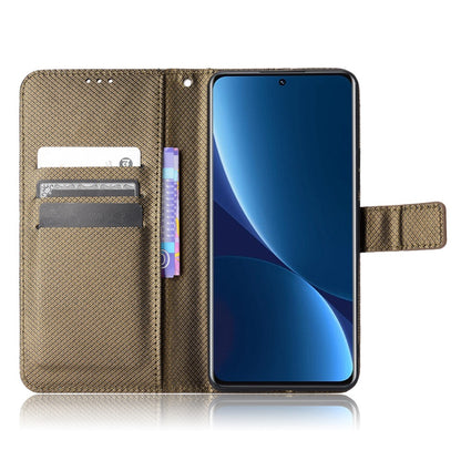 For Xiaomi 12/12X/12S 5G PU Leather Wallet Book Stand View Cover Diamond Texture Flip Phone Case with Wrist Strap