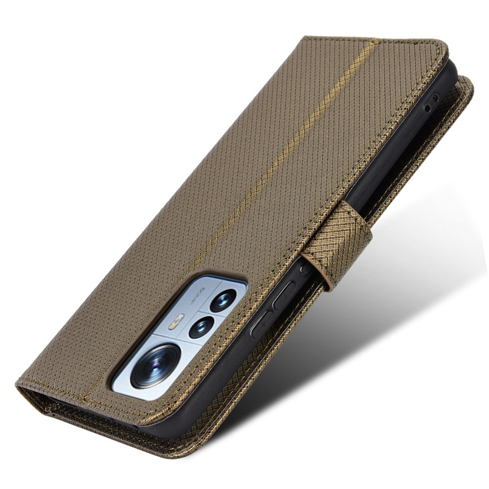 For Xiaomi 12/12X/12S 5G PU Leather Wallet Book Stand View Cover Diamond Texture Flip Phone Case with Wrist Strap