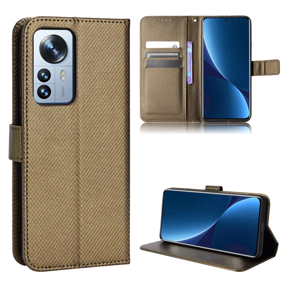 For Xiaomi 12/12X/12S 5G PU Leather Wallet Book Stand View Cover Diamond Texture Flip Phone Case with Wrist Strap
