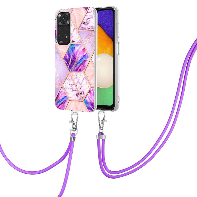 YB IMD Series-5 Flexible TPU Phone Cover for Xiaomi Redmi Note 11 4G (Qualcomm)/Note 11S 4G, Electroplating Splicing IMD IML Marble Pattern Phone Case with Shoulder Strap