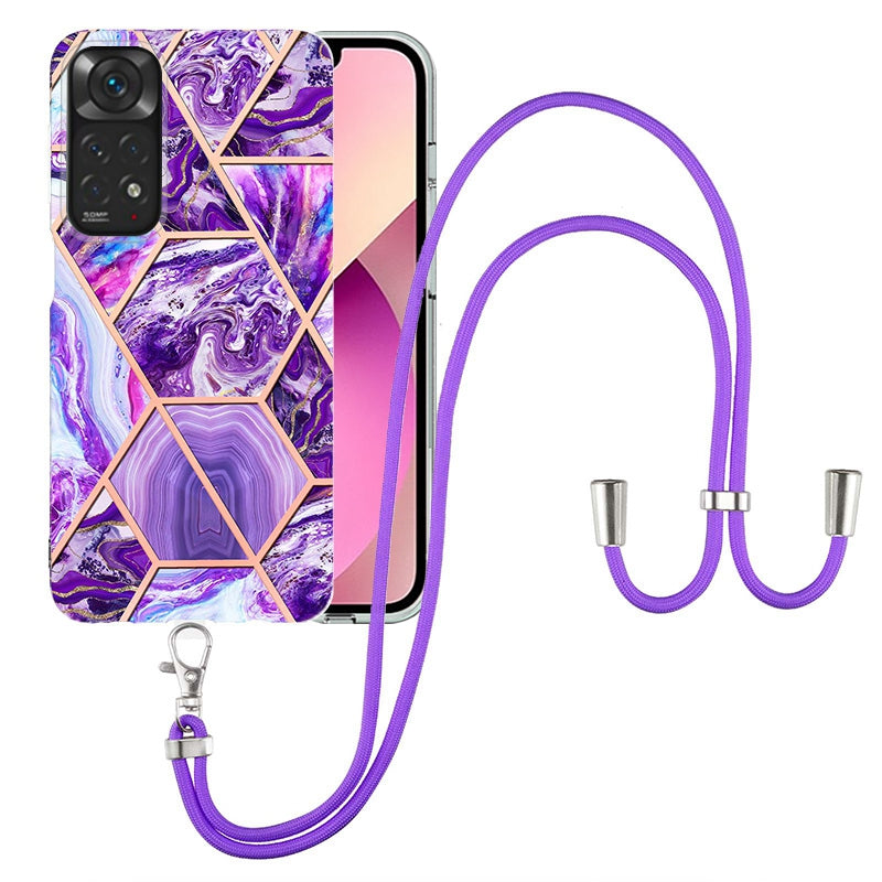 YB IMD Series-5 Flexible TPU Phone Cover for Xiaomi Redmi Note 11 4G (Qualcomm)/Note 11S 4G, Electroplating Splicing IMD IML Marble Pattern Phone Case with Shoulder Strap