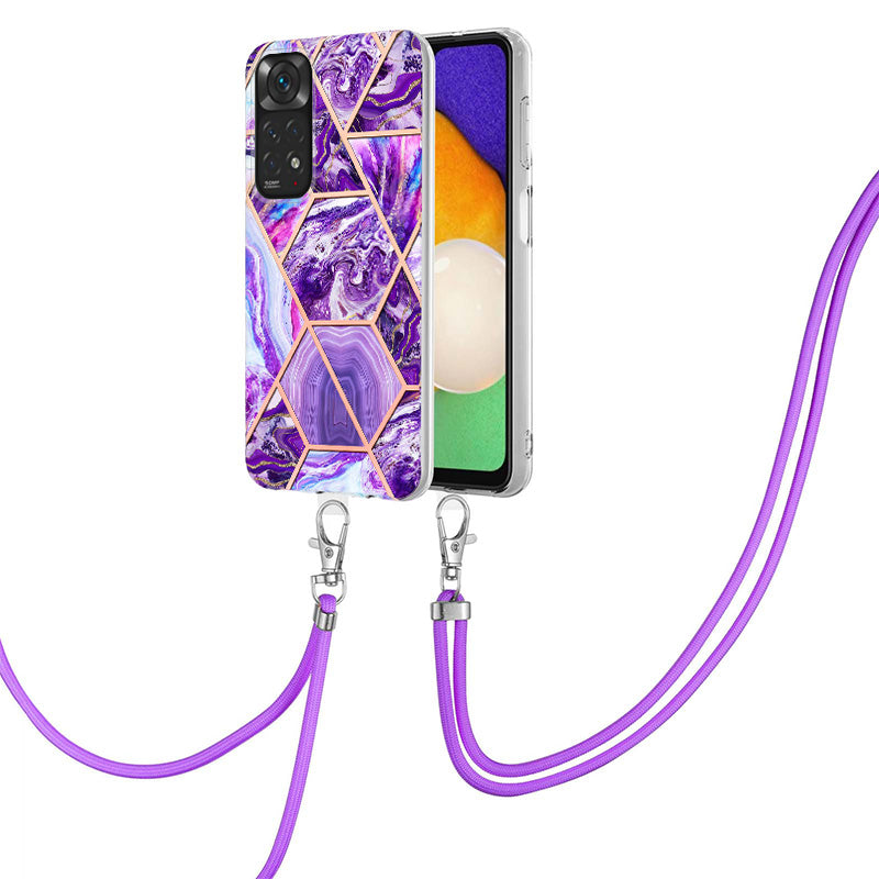 YB IMD Series-5 Flexible TPU Phone Cover for Xiaomi Redmi Note 11 4G (Qualcomm)/Note 11S 4G, Electroplating Splicing IMD IML Marble Pattern Phone Case with Shoulder Strap