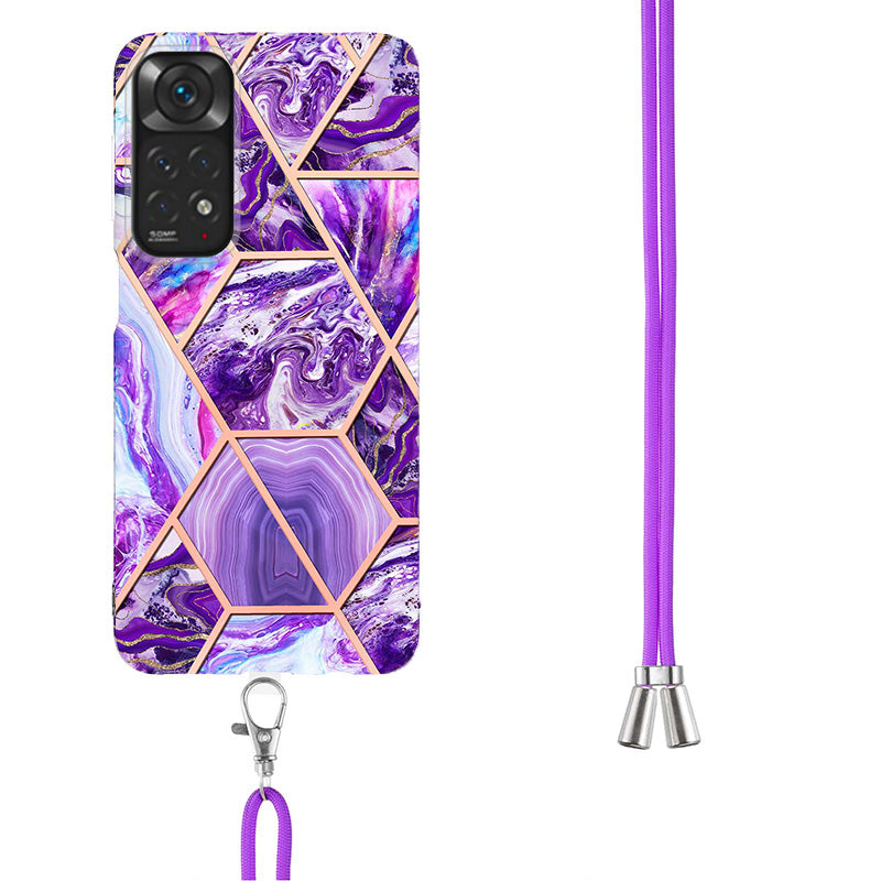 YB IMD Series-5 Flexible TPU Phone Cover for Xiaomi Redmi Note 11 4G (Qualcomm)/Note 11S 4G, Electroplating Splicing IMD IML Marble Pattern Phone Case with Shoulder Strap