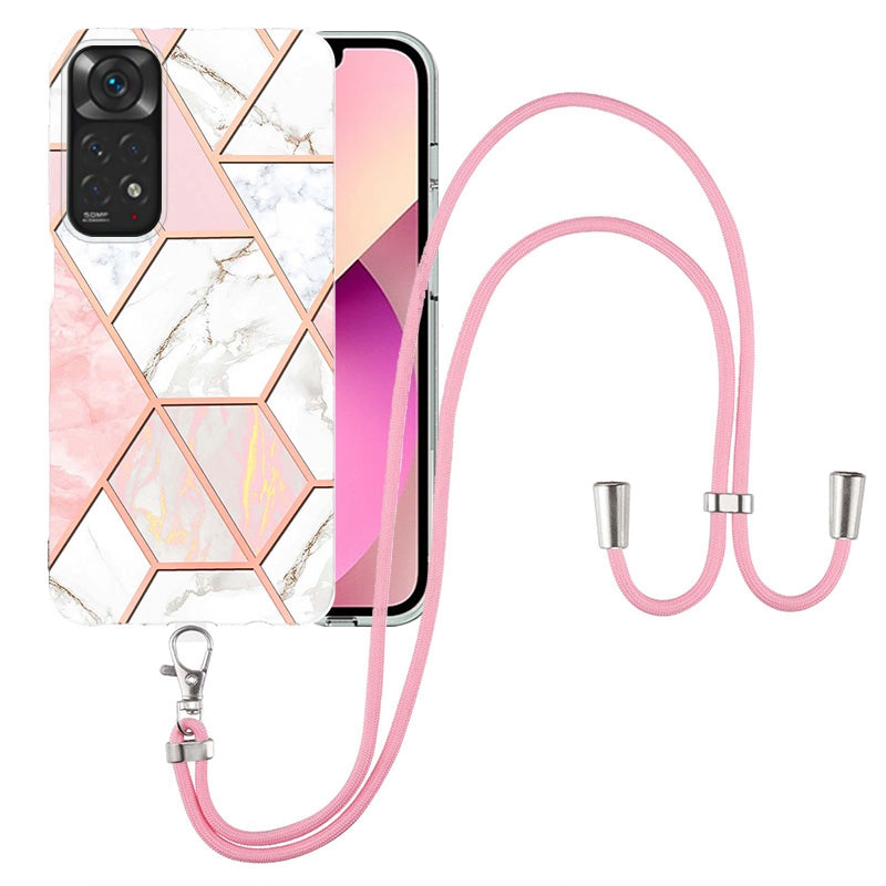 YB IMD Series-5 Flexible TPU Phone Cover for Xiaomi Redmi Note 11 4G (Qualcomm)/Note 11S 4G, Electroplating Splicing IMD IML Marble Pattern Phone Case with Shoulder Strap