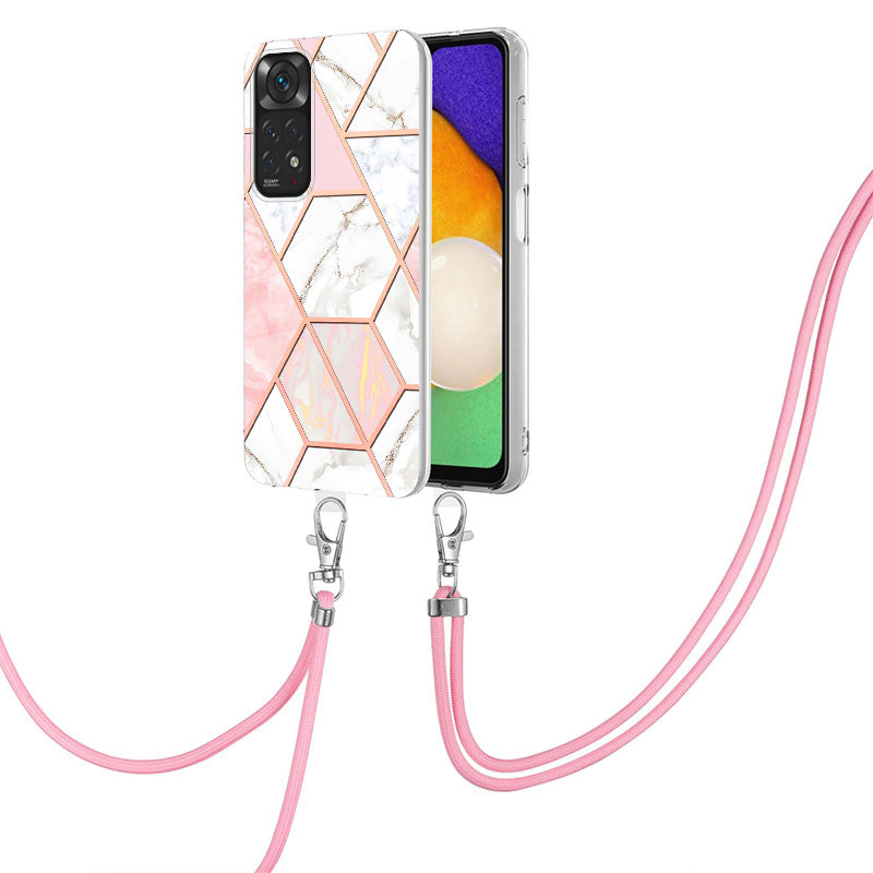 YB IMD Series-5 Flexible TPU Phone Cover for Xiaomi Redmi Note 11 4G (Qualcomm)/Note 11S 4G, Electroplating Splicing IMD IML Marble Pattern Phone Case with Shoulder Strap