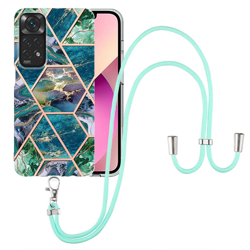 YB IMD Series-5 Flexible TPU Phone Cover for Xiaomi Redmi Note 11 4G (Qualcomm)/Note 11S 4G, Electroplating Splicing IMD IML Marble Pattern Phone Case with Shoulder Strap