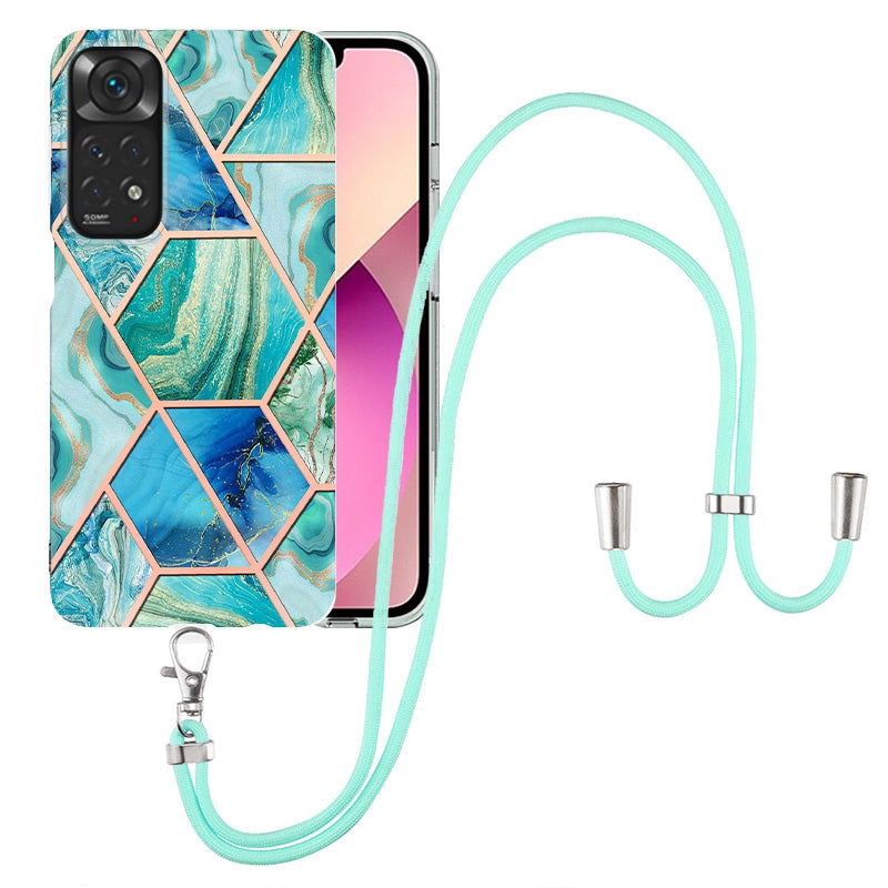 YB IMD Series-5 Flexible TPU Phone Cover for Xiaomi Redmi Note 11 4G (Qualcomm)/Note 11S 4G, Electroplating Splicing IMD IML Marble Pattern Phone Case with Shoulder Strap