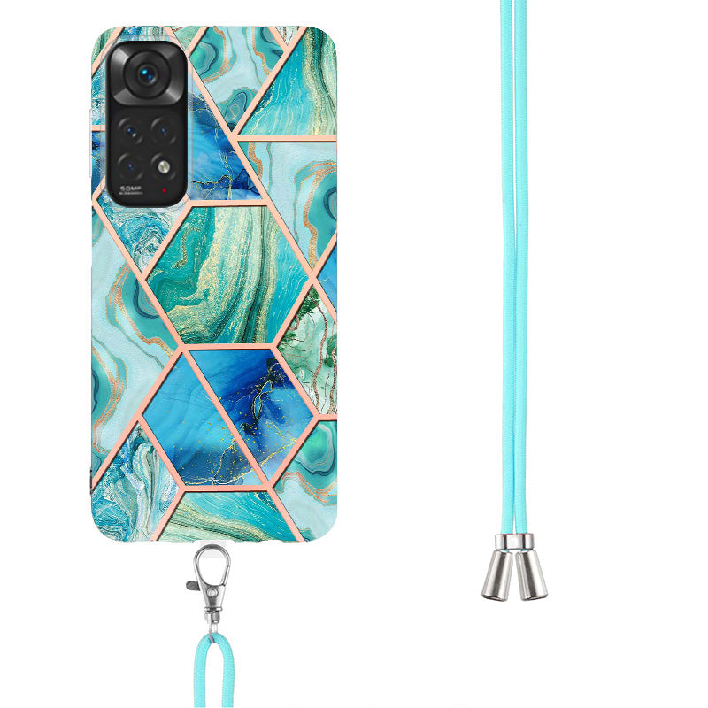 YB IMD Series-5 Flexible TPU Phone Cover for Xiaomi Redmi Note 11 4G (Qualcomm)/Note 11S 4G, Electroplating Splicing IMD IML Marble Pattern Phone Case with Shoulder Strap