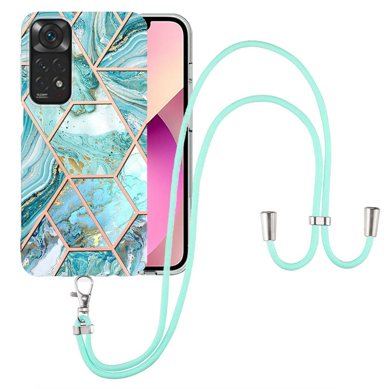 YB IMD Series-5 Flexible TPU Phone Cover for Xiaomi Redmi Note 11 4G (Qualcomm)/Note 11S 4G, Electroplating Splicing IMD IML Marble Pattern Phone Case with Shoulder Strap
