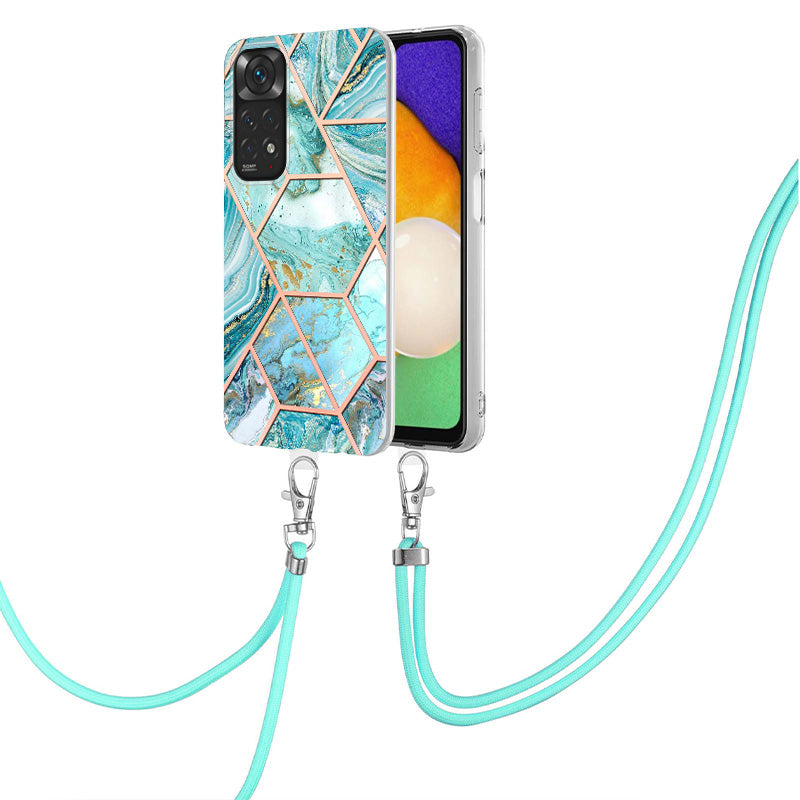 YB IMD Series-5 Flexible TPU Phone Cover for Xiaomi Redmi Note 11 4G (Qualcomm)/Note 11S 4G, Electroplating Splicing IMD IML Marble Pattern Phone Case with Shoulder Strap