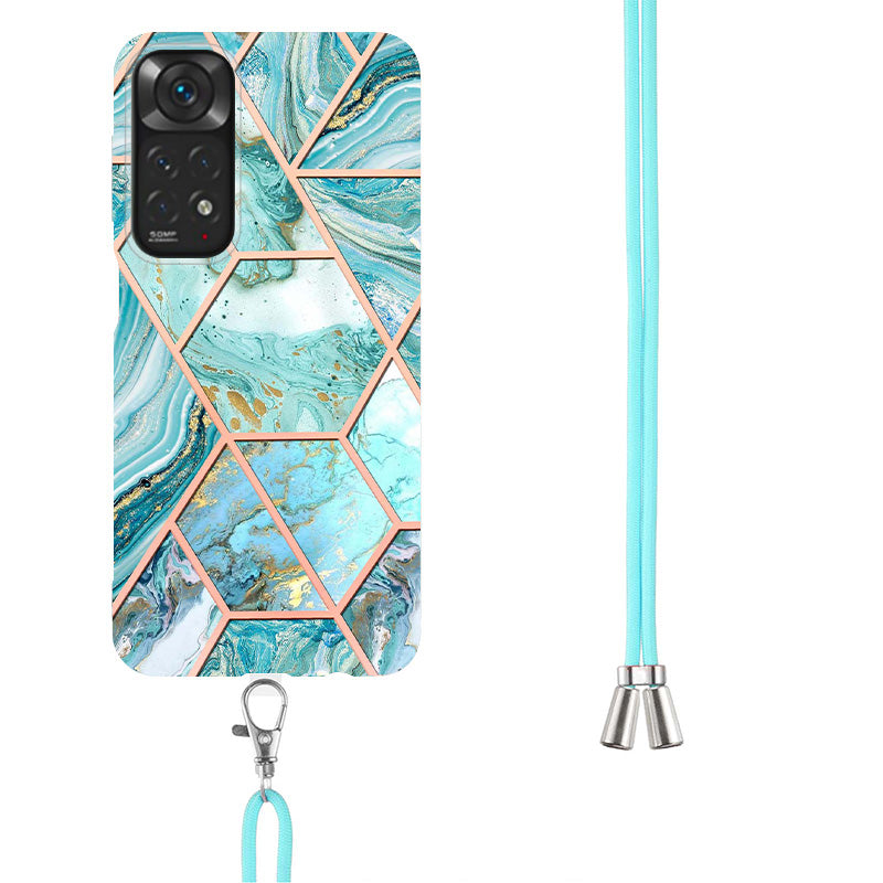 YB IMD Series-5 Flexible TPU Phone Cover for Xiaomi Redmi Note 11 4G (Qualcomm)/Note 11S 4G, Electroplating Splicing IMD IML Marble Pattern Phone Case with Shoulder Strap