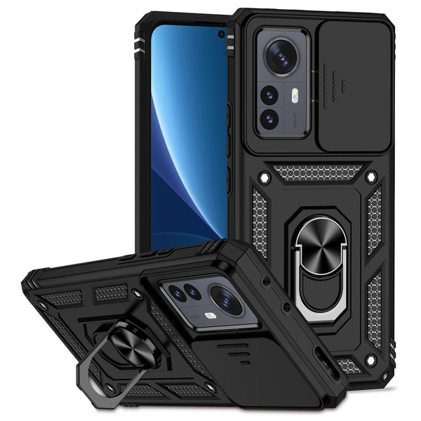 For Xiaomi 12 Pro 5G/12S Pro 5G/12 Pro (Dimensity) 5G Shockproof Phone Protection Case Ring Kickstand Hybrid PC + TPU Shell with Slide Camera Protection Cover