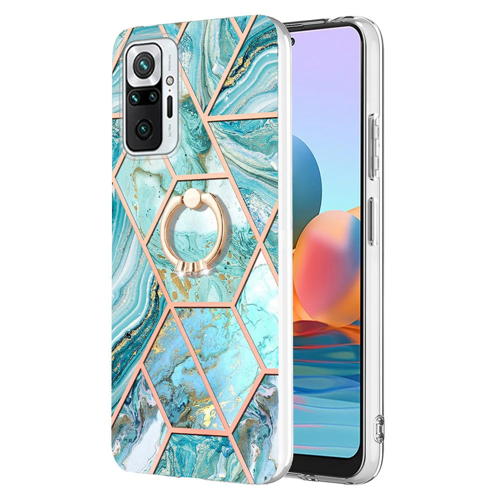 YB IMD Series-7 for Xiaomi Redmi Note 10 Pro 4G (Global)/Note 10 Pro Max Marble Pattern Ring Kickstand TPU Case Electroplating IMD Workmanship Phone Cover