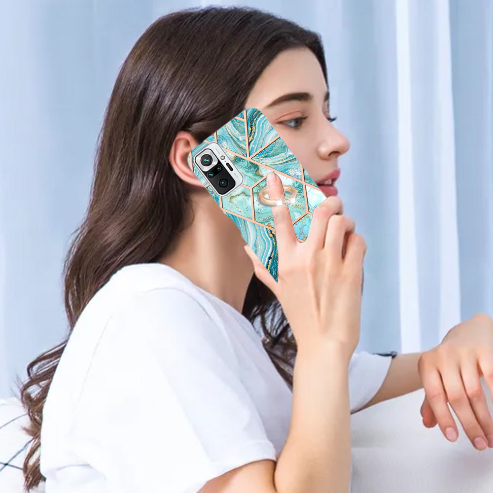 YB IMD Series-7 for Xiaomi Redmi Note 10 Pro 4G (Global)/Note 10 Pro Max Marble Pattern Ring Kickstand TPU Case Electroplating IMD Workmanship Phone Cover