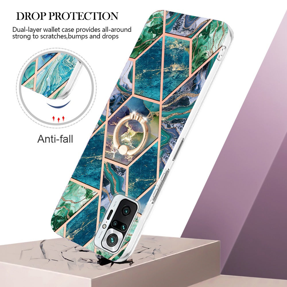 YB IMD Series-7 for Xiaomi Redmi Note 10 Pro 4G (Global)/Note 10 Pro Max Marble Pattern Ring Kickstand TPU Case Electroplating IMD Workmanship Phone Cover