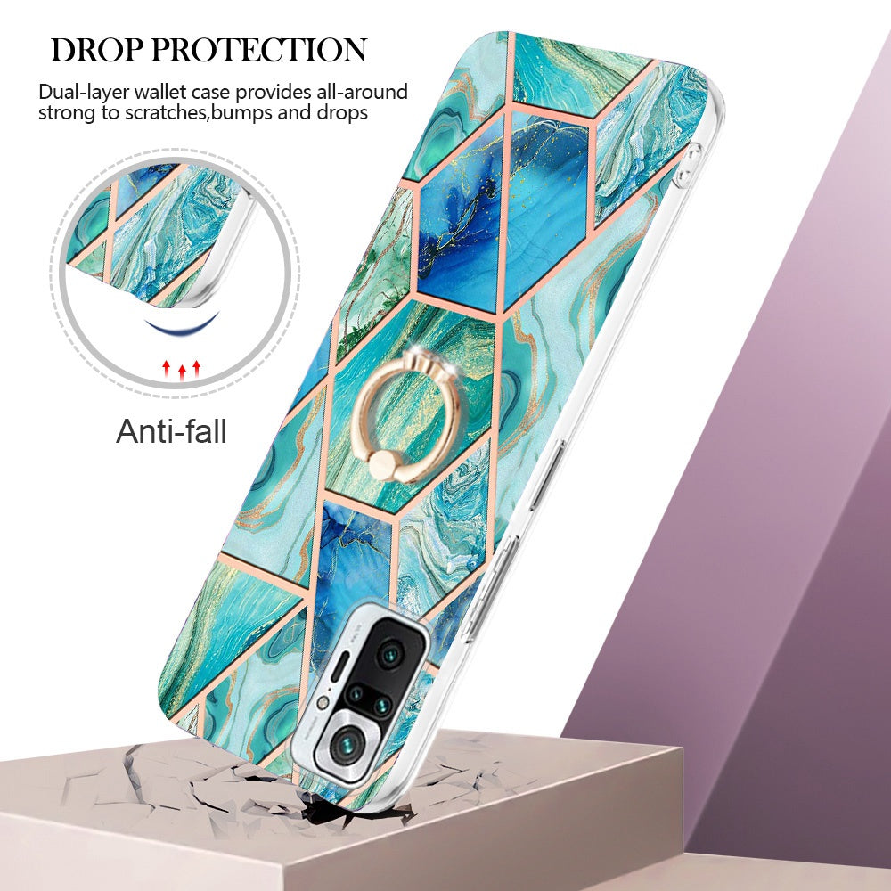 YB IMD Series-7 for Xiaomi Redmi Note 10 Pro 4G (Global)/Note 10 Pro Max Marble Pattern Ring Kickstand TPU Case Electroplating IMD Workmanship Phone Cover
