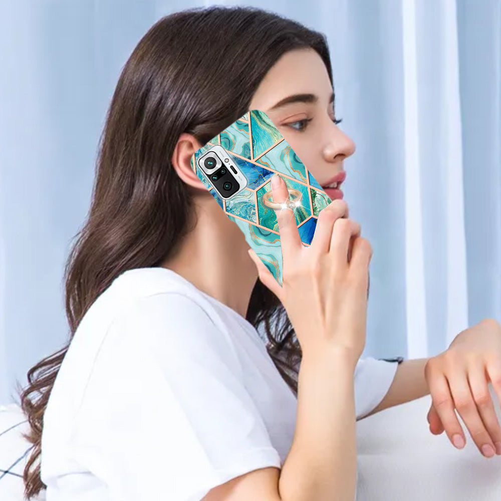 YB IMD Series-7 for Xiaomi Redmi Note 10 Pro 4G (Global)/Note 10 Pro Max Marble Pattern Ring Kickstand TPU Case Electroplating IMD Workmanship Phone Cover