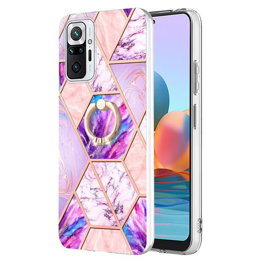YB IMD Series-7 for Xiaomi Redmi Note 10 Pro 4G (Global)/Note 10 Pro Max Marble Pattern Ring Kickstand TPU Case Electroplating IMD Workmanship Phone Cover