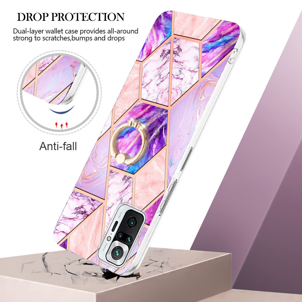 YB IMD Series-7 for Xiaomi Redmi Note 10 Pro 4G (Global)/Note 10 Pro Max Marble Pattern Ring Kickstand TPU Case Electroplating IMD Workmanship Phone Cover