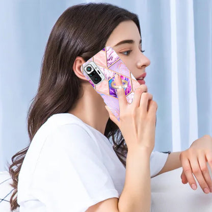 YB IMD Series-7 for Xiaomi Redmi Note 10 Pro 4G (Global)/Note 10 Pro Max Marble Pattern Ring Kickstand TPU Case Electroplating IMD Workmanship Phone Cover