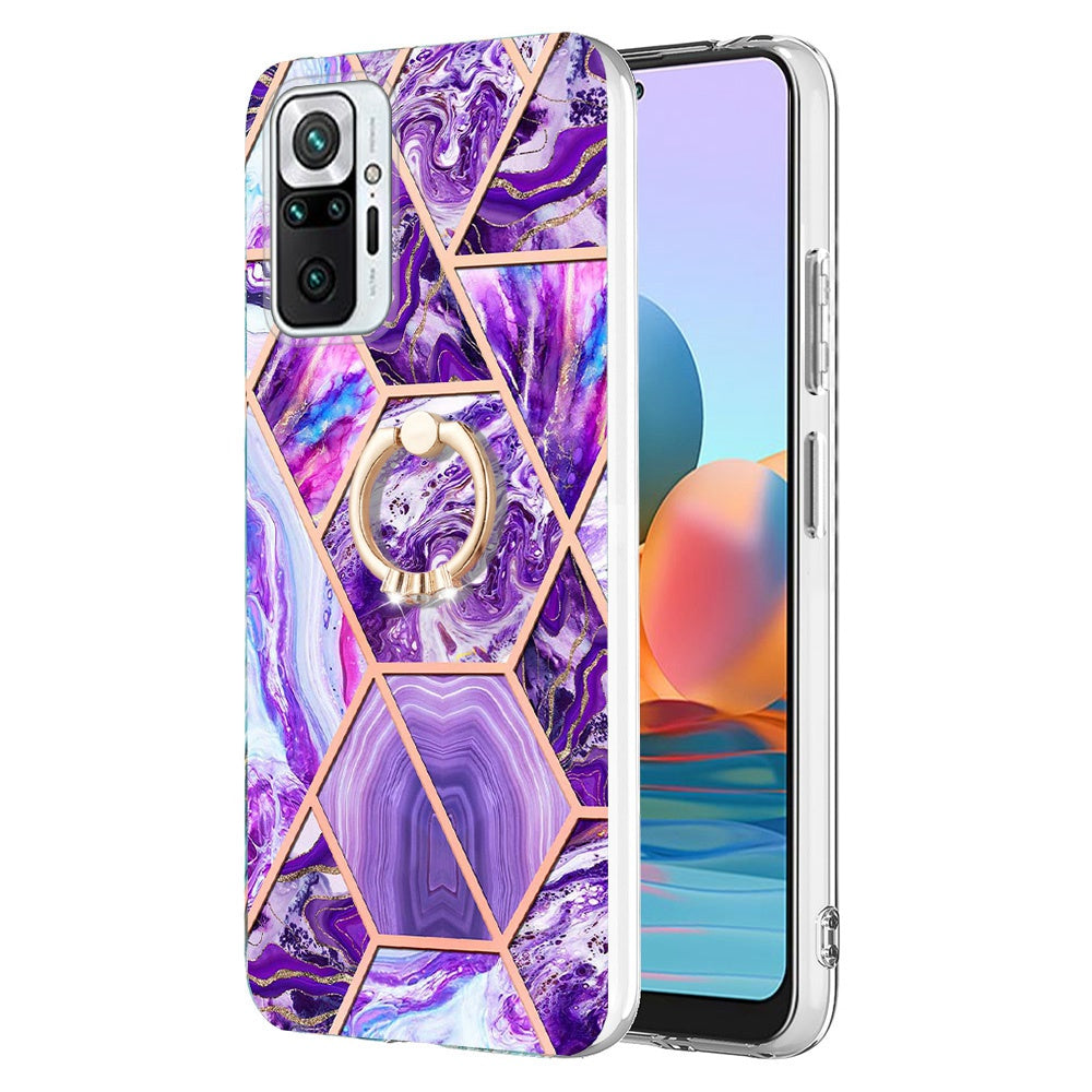 YB IMD Series-7 for Xiaomi Redmi Note 10 Pro 4G (Global)/Note 10 Pro Max Marble Pattern Ring Kickstand TPU Case Electroplating IMD Workmanship Phone Cover