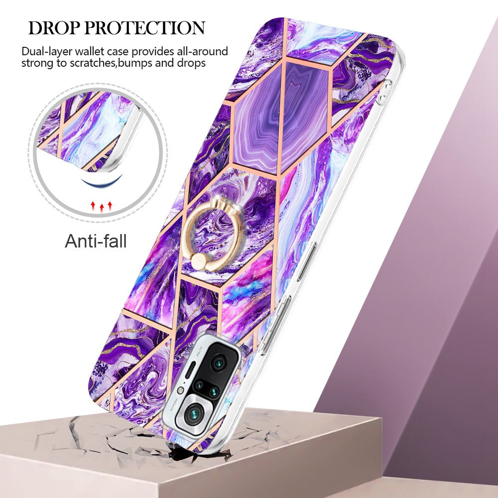 YB IMD Series-7 for Xiaomi Redmi Note 10 Pro 4G (Global)/Note 10 Pro Max Marble Pattern Ring Kickstand TPU Case Electroplating IMD Workmanship Phone Cover