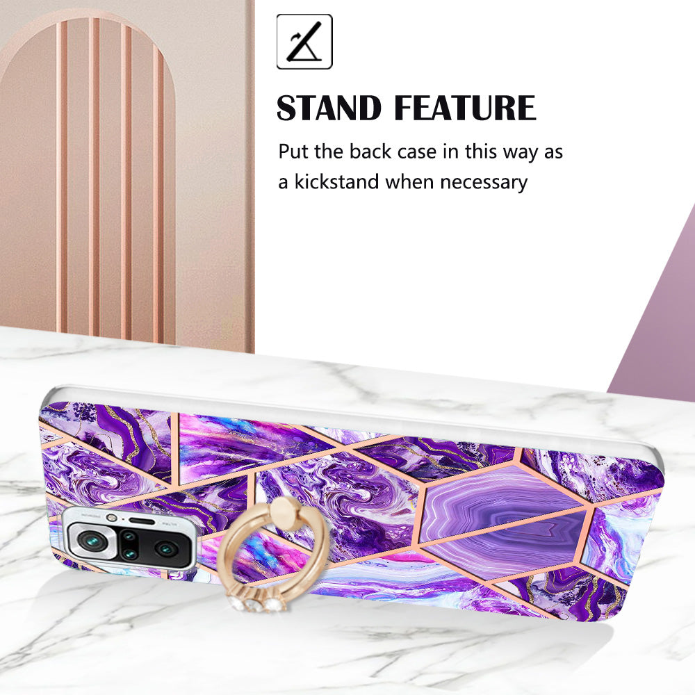YB IMD Series-7 for Xiaomi Redmi Note 10 Pro 4G (Global)/Note 10 Pro Max Marble Pattern Ring Kickstand TPU Case Electroplating IMD Workmanship Phone Cover