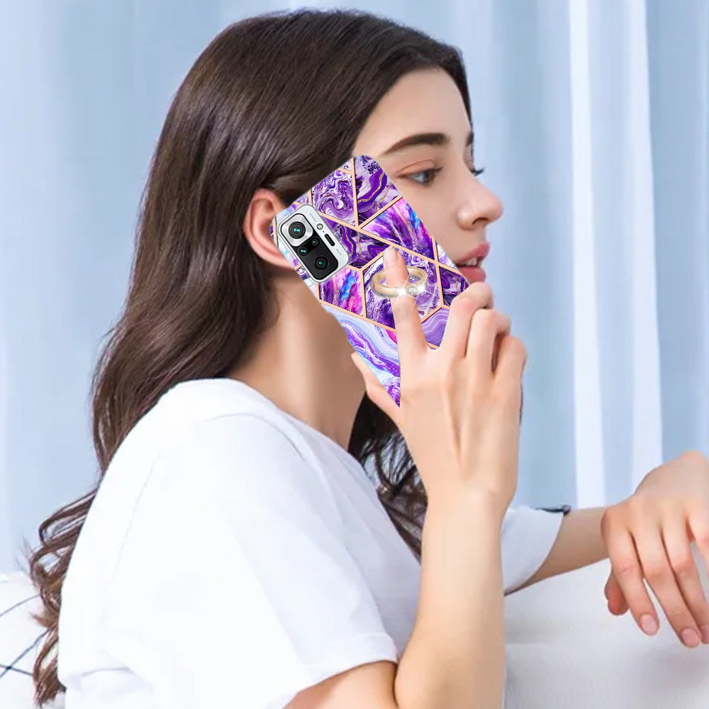 YB IMD Series-7 for Xiaomi Redmi Note 10 Pro 4G (Global)/Note 10 Pro Max Marble Pattern Ring Kickstand TPU Case Electroplating IMD Workmanship Phone Cover