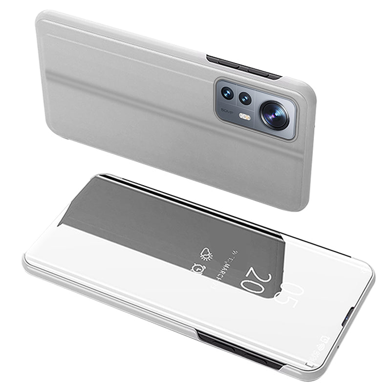 For Xiaomi 12 5G/12X 5G/12S 5G Mirror Design View Window Stand Protective Flip Cover Electroplate Plating PU Leather Shockproof Case