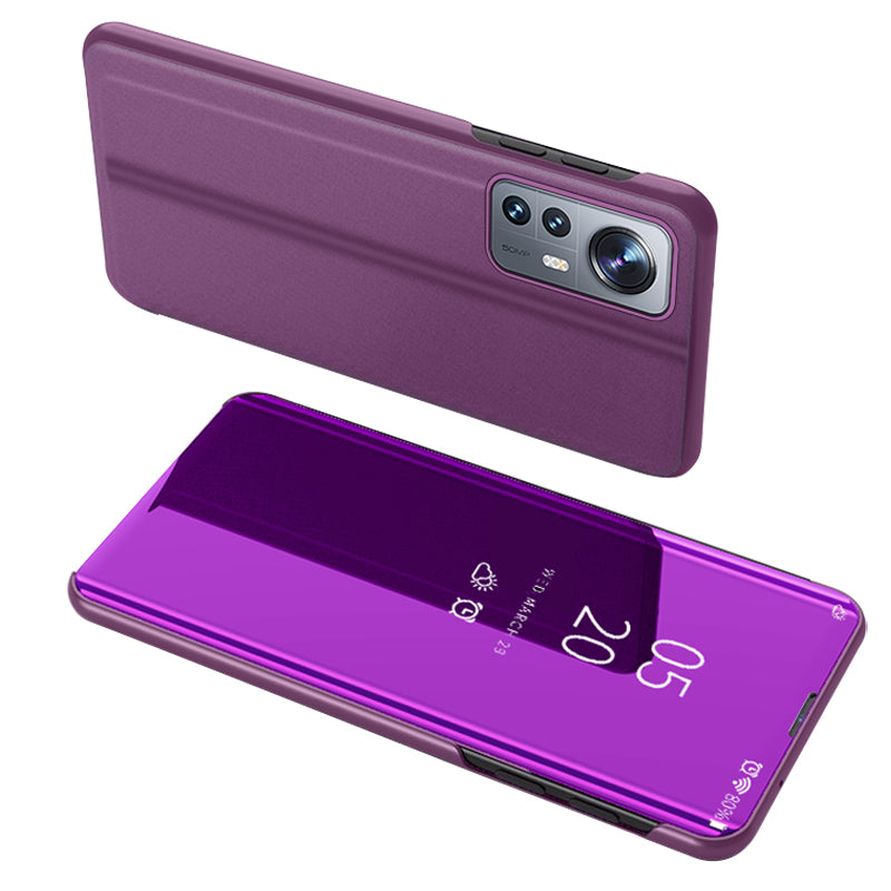 For Xiaomi 12 5G/12X 5G/12S 5G Mirror Design View Window Stand Protective Flip Cover Electroplate Plating PU Leather Shockproof Case