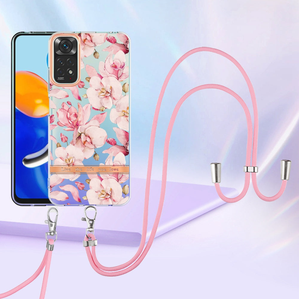 YB IMD-11 Series Drop-proof Phone Case for Xiaomi Redmi Note 11S 4G/Note 11 4G (Qualcomm) Soft TPU IMD Anti-wear Stylish Flower Pattern Electroplating Cover with Lanyard