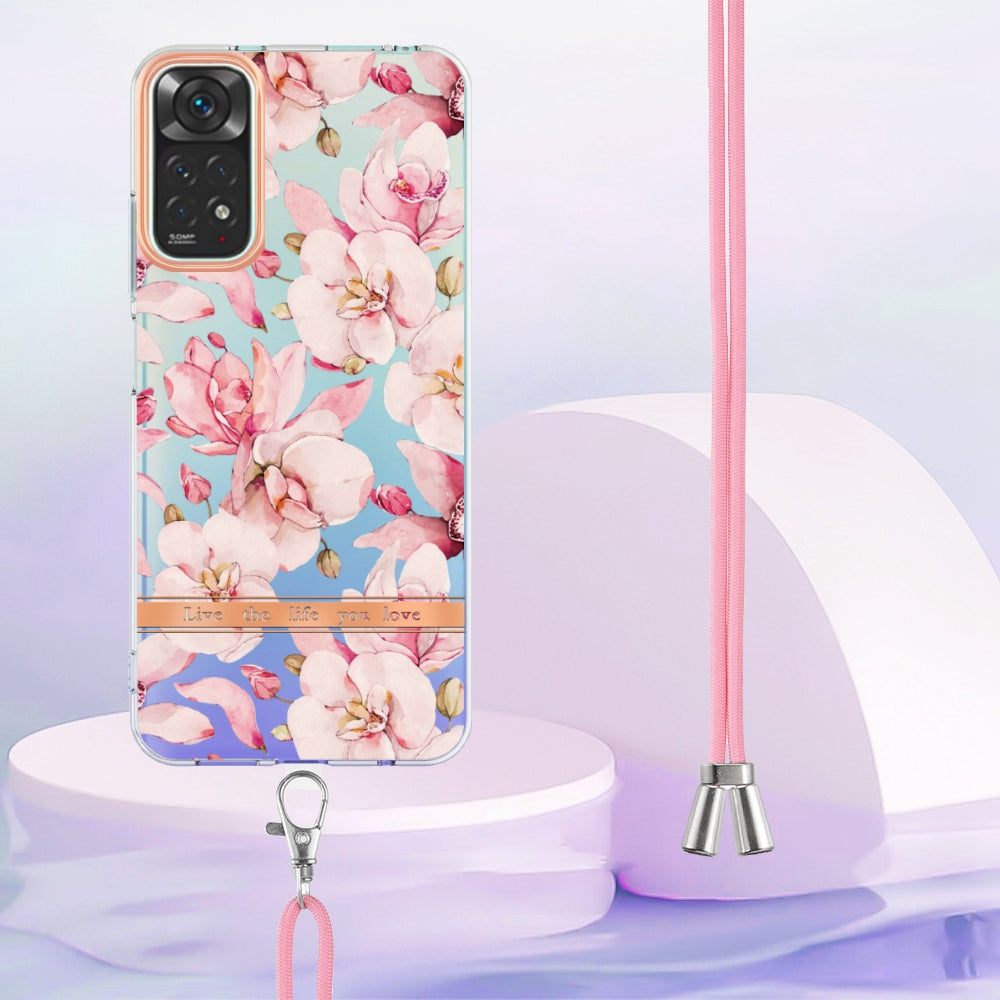YB IMD-11 Series Drop-proof Phone Case for Xiaomi Redmi Note 11S 4G/Note 11 4G (Qualcomm) Soft TPU IMD Anti-wear Stylish Flower Pattern Electroplating Cover with Lanyard