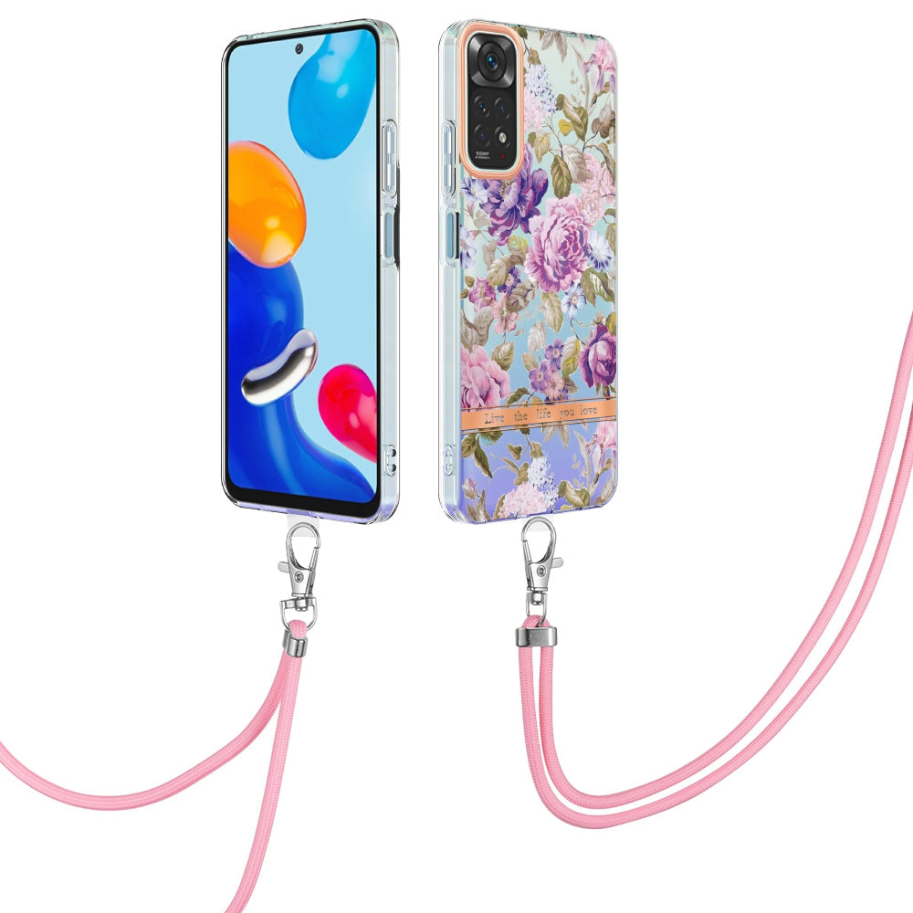 YB IMD-11 Series Drop-proof Phone Case for Xiaomi Redmi Note 11S 4G/Note 11 4G (Qualcomm) Soft TPU IMD Anti-wear Stylish Flower Pattern Electroplating Cover with Lanyard