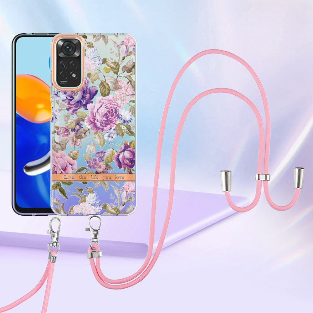 YB IMD-11 Series Drop-proof Phone Case for Xiaomi Redmi Note 11S 4G/Note 11 4G (Qualcomm) Soft TPU IMD Anti-wear Stylish Flower Pattern Electroplating Cover with Lanyard