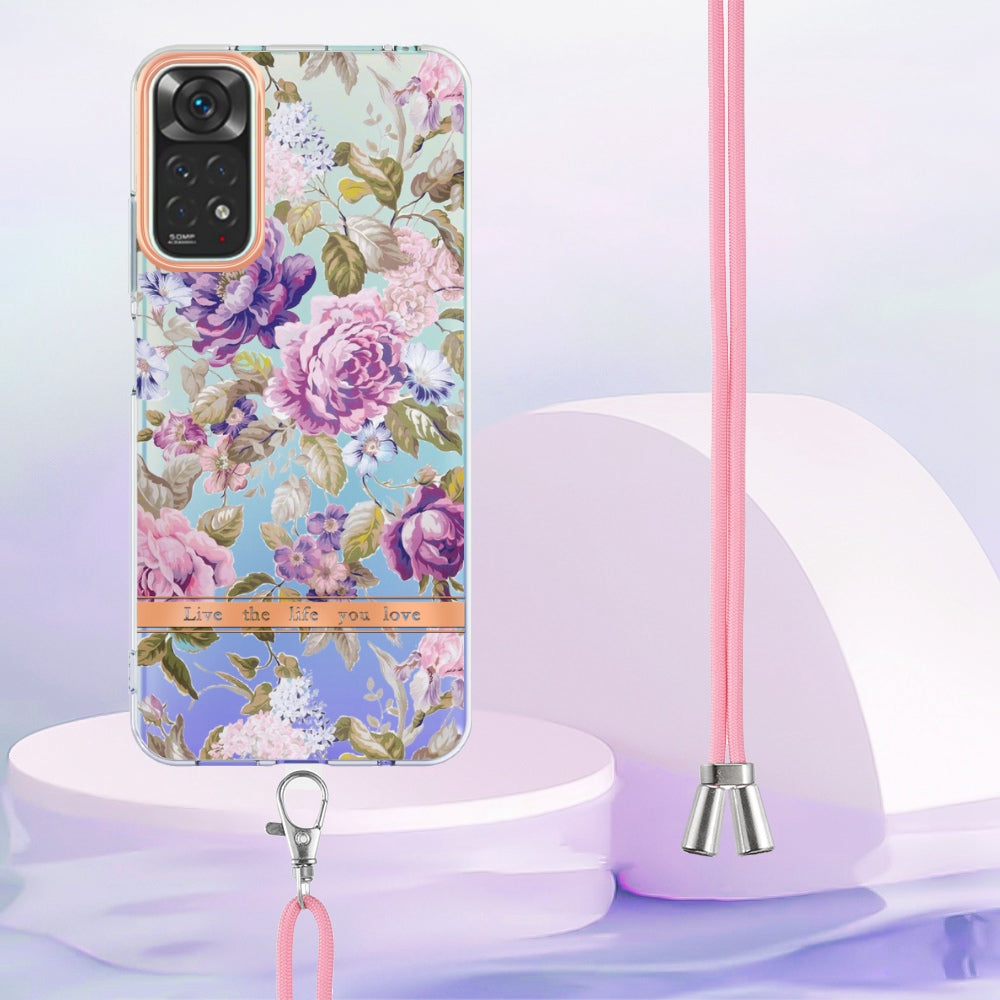 YB IMD-11 Series Drop-proof Phone Case for Xiaomi Redmi Note 11S 4G/Note 11 4G (Qualcomm) Soft TPU IMD Anti-wear Stylish Flower Pattern Electroplating Cover with Lanyard