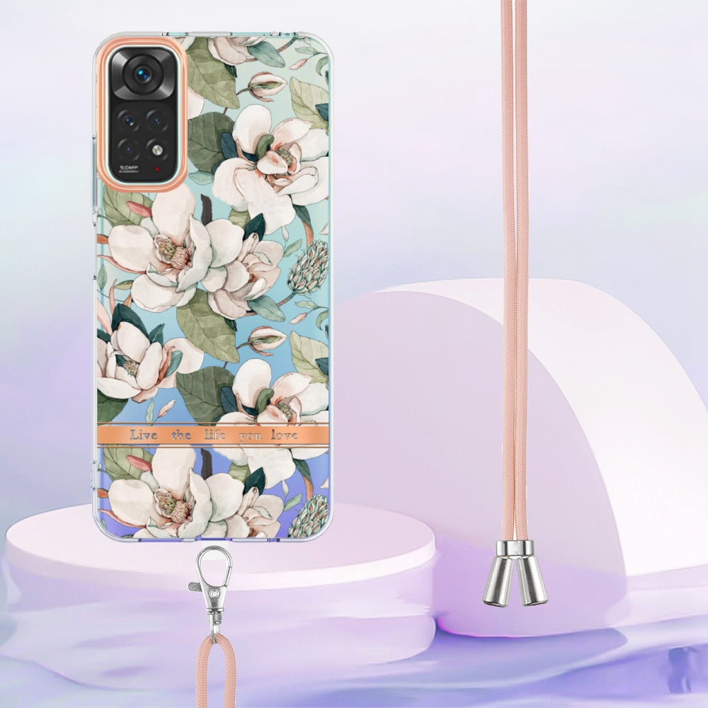 YB IMD-11 Series Drop-proof Phone Case for Xiaomi Redmi Note 11S 4G/Note 11 4G (Qualcomm) Soft TPU IMD Anti-wear Stylish Flower Pattern Electroplating Cover with Lanyard