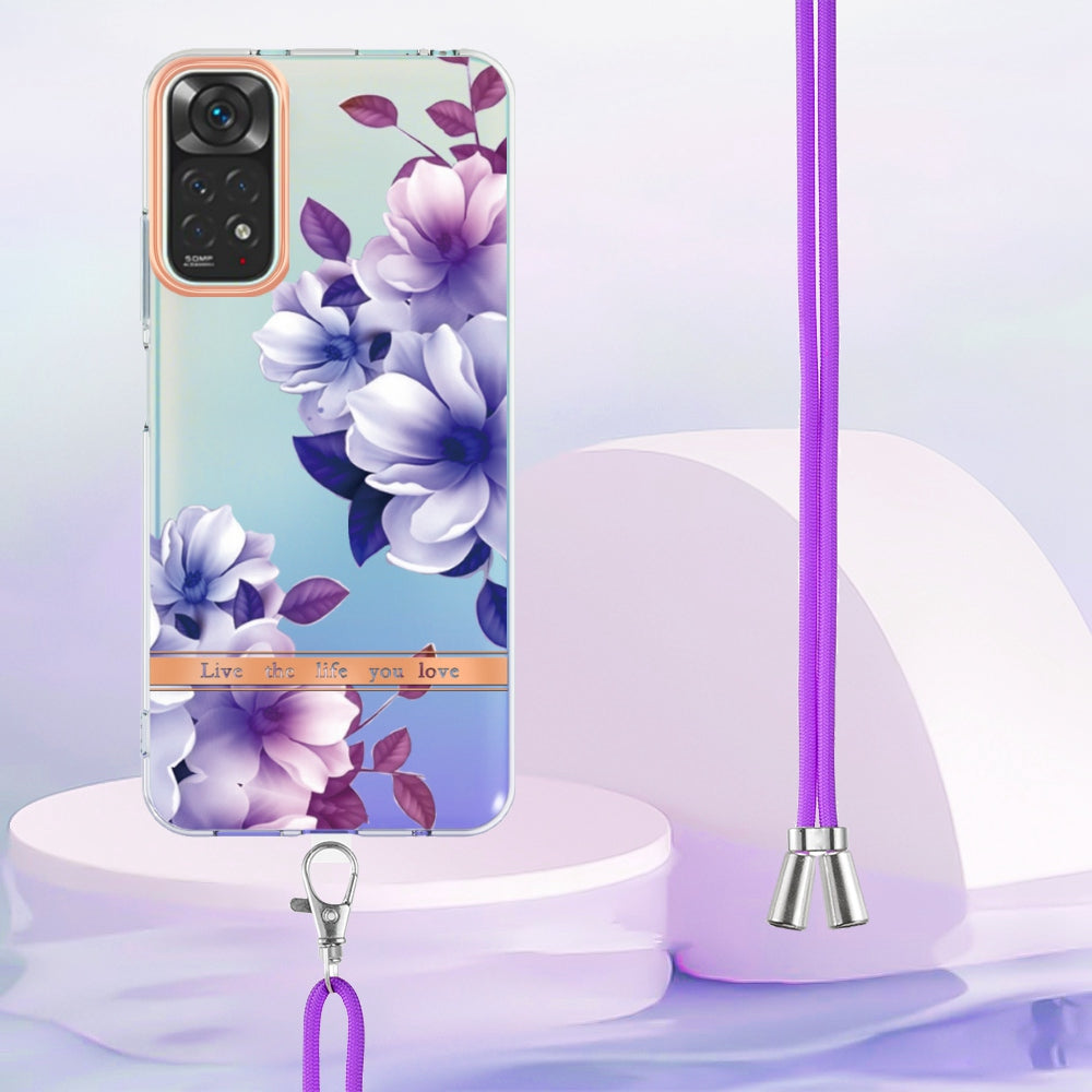 YB IMD-11 Series Drop-proof Phone Case for Xiaomi Redmi Note 11S 4G/Note 11 4G (Qualcomm) Soft TPU IMD Anti-wear Stylish Flower Pattern Electroplating Cover with Lanyard