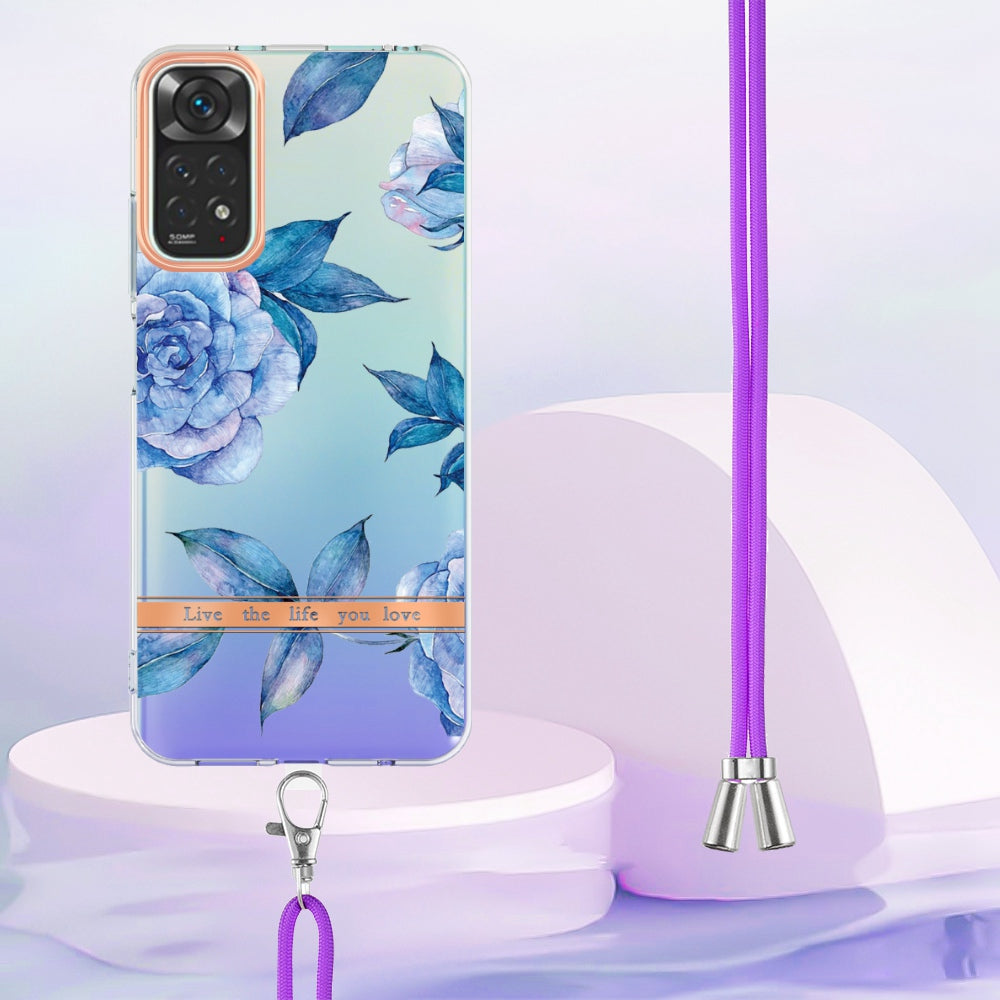 YB IMD-11 Series Drop-proof Phone Case for Xiaomi Redmi Note 11S 4G/Note 11 4G (Qualcomm) Soft TPU IMD Anti-wear Stylish Flower Pattern Electroplating Cover with Lanyard
