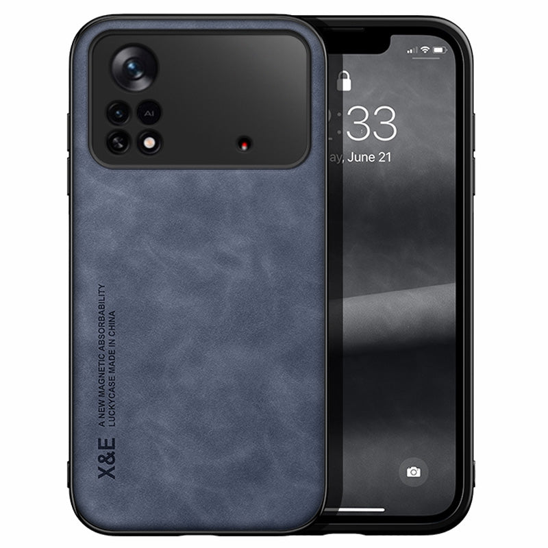 X&E Skin-touch Leather Coated TPU Case for Xiaomi Poco X4 Pro 5G, Built-in Metal Sheet Shockproof Phone Cover