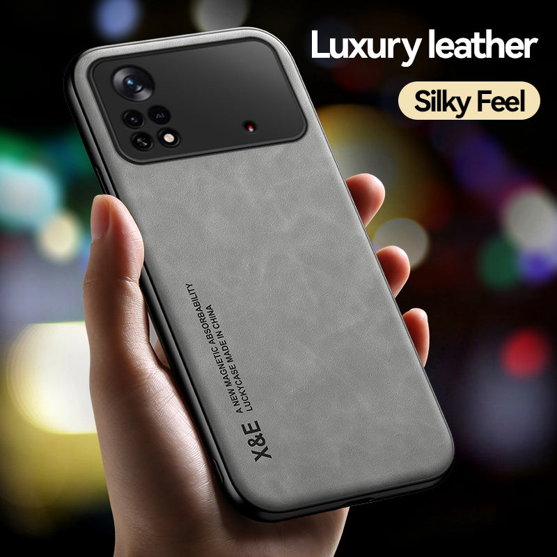 X&E Skin-touch Leather Coated TPU Case for Xiaomi Poco X4 Pro 5G, Built-in Metal Sheet Shockproof Phone Cover