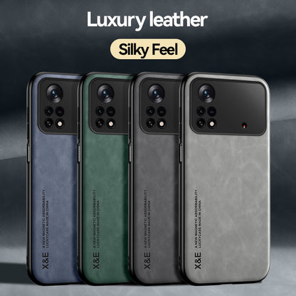 X&E Skin-touch Leather Coated TPU Case for Xiaomi Poco X4 Pro 5G, Built-in Metal Sheet Shockproof Phone Cover